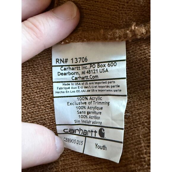 Carhartt Youth Beanie Hat Tan Brown Cuffed Knit Logo OS Winter Gift - Picture 5 of 6